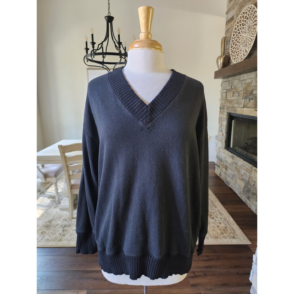 Aerie Womens Black 100% Cotton Oversized V-Neck Ribbed Sweatshirt Size XS